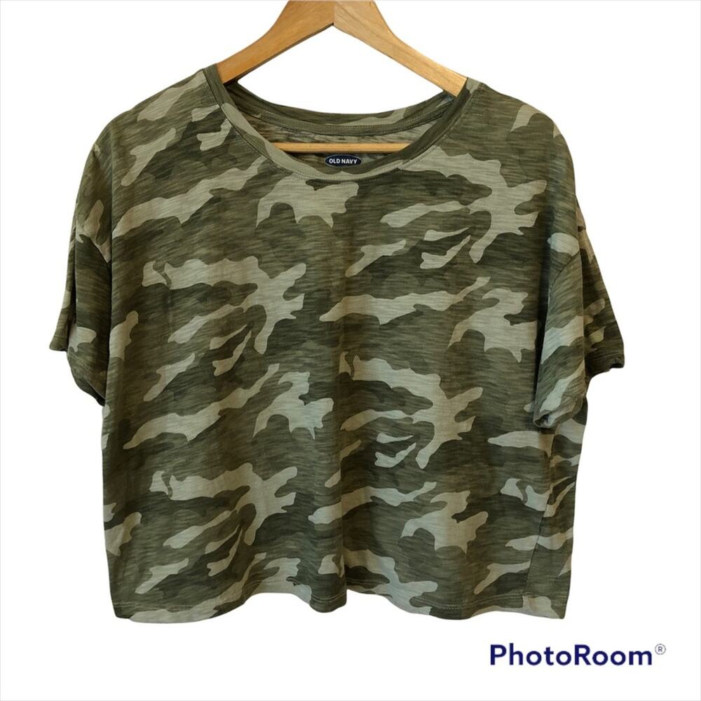 Old Navy Camo Cropped Baby Tee Shirt Women's Large Camouflage Green Gorpcore